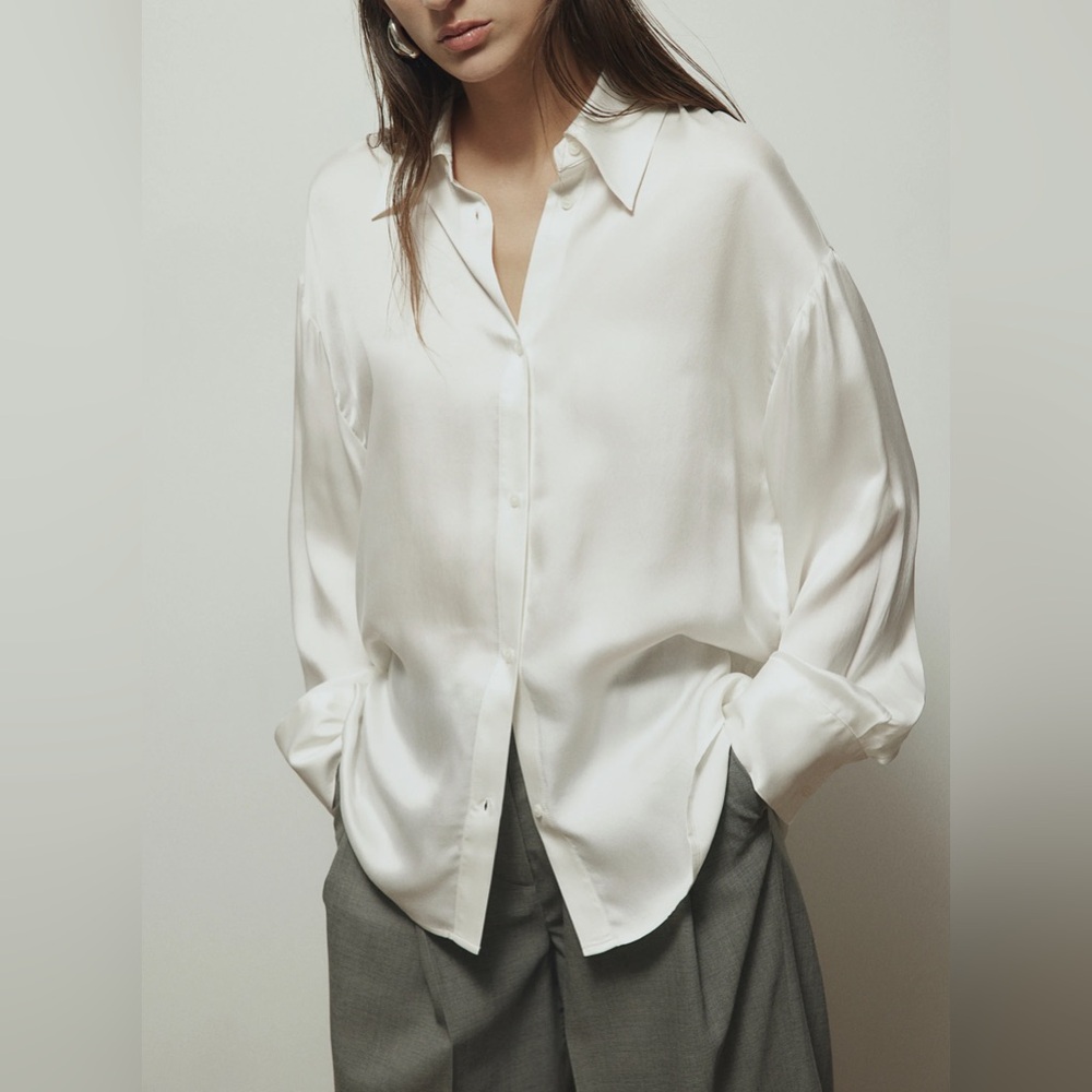H&M white silk satin button down shirt women’s size XL